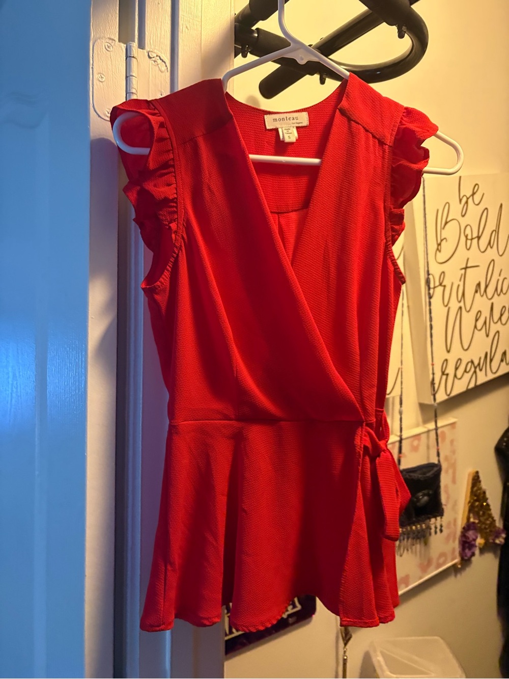 Monteau Bright Red Wrap Peplum Mini Dress